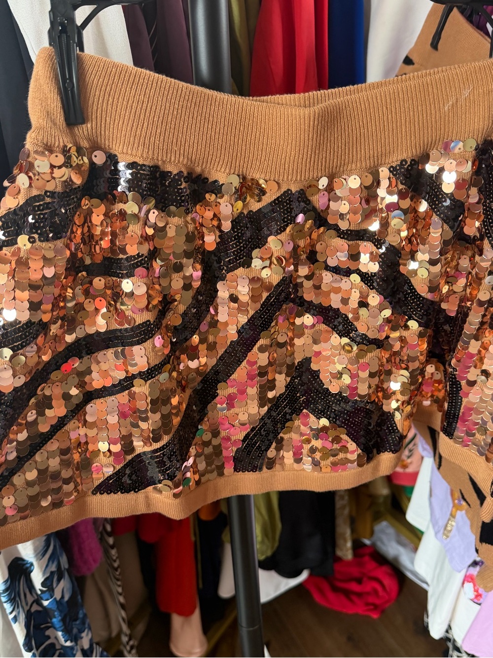 QUEEN OF SPARKLES Copper and Black Sequin Mini Skirt tiger print gameday